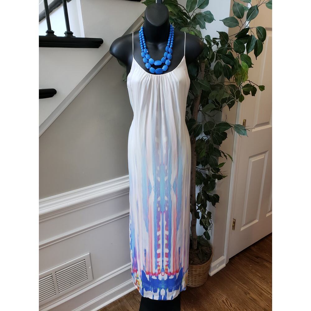 Tangerine NYC Silk Maxi Dress Women's S White & Blue Solid Scoop Neck Sleeveless